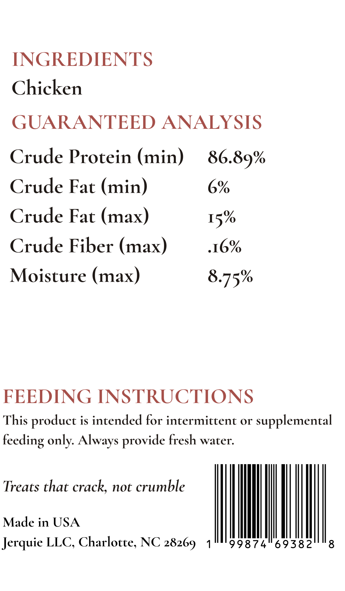 Back of the Jerquie Chicken Jerky bag — ingredients, guaranteed analysis, and feeding instructions