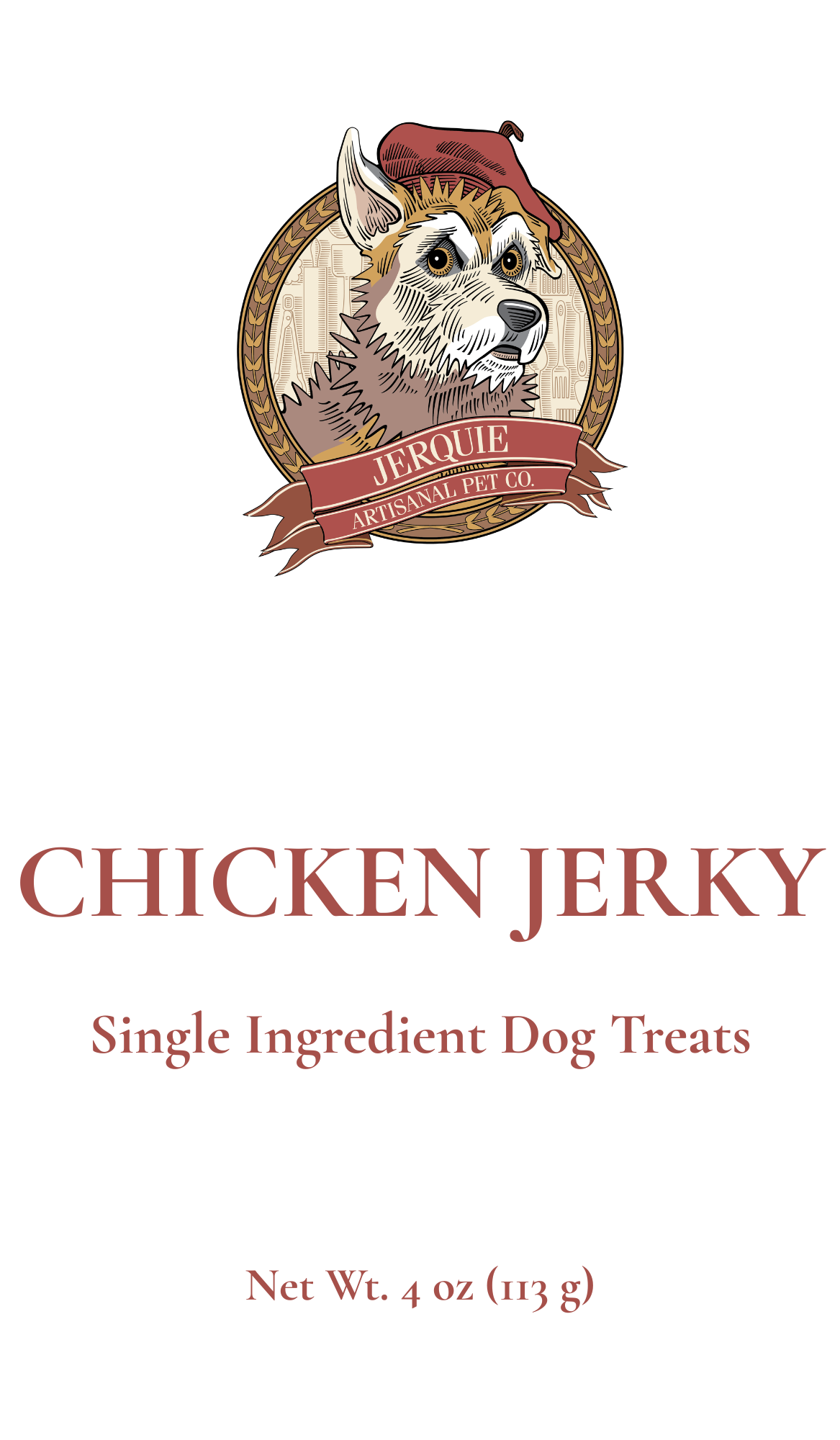 Front of the Jerquie Chicken Jerky bag — single ingredient dog treats, net weight 4 oz (113 g)